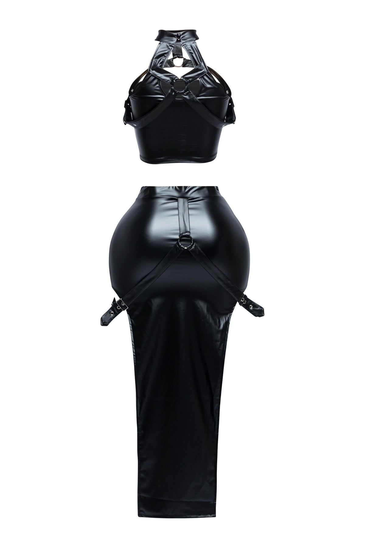 Black choker halter top and maxi skirt set, back view on model