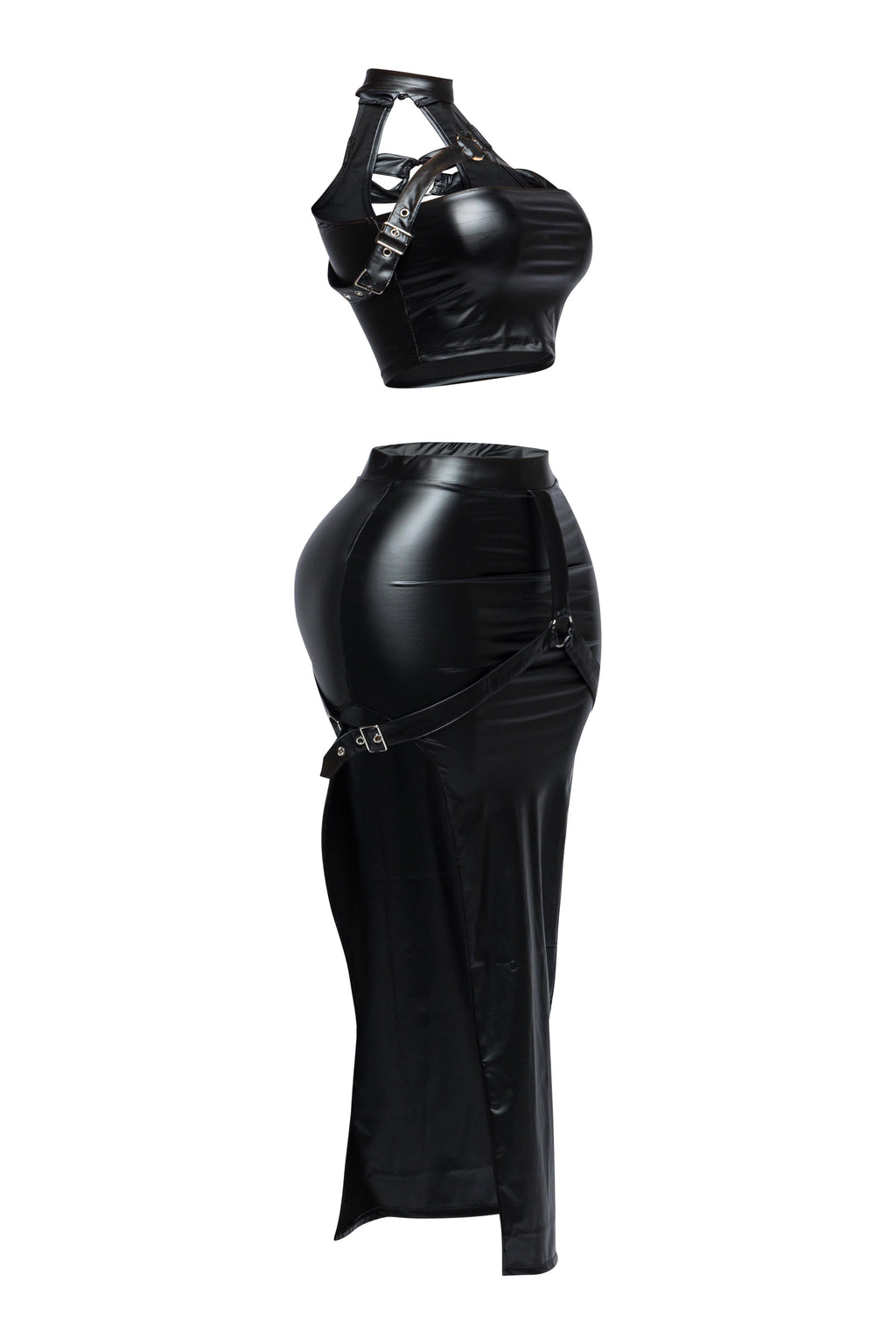 Black choker halter top and maxi skirt set, close-up view on model