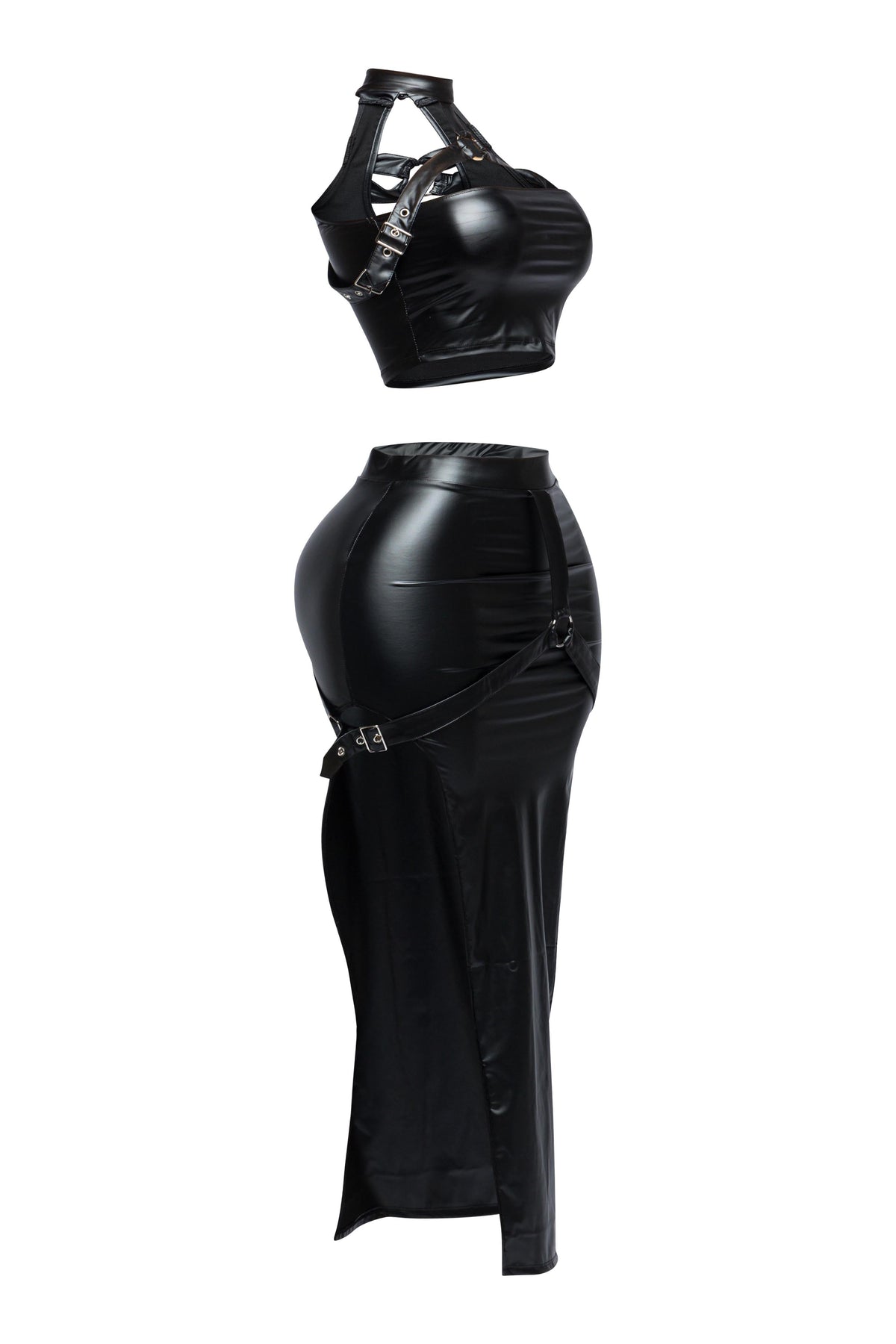 Black choker halter top and maxi skirt set, close-up view on model