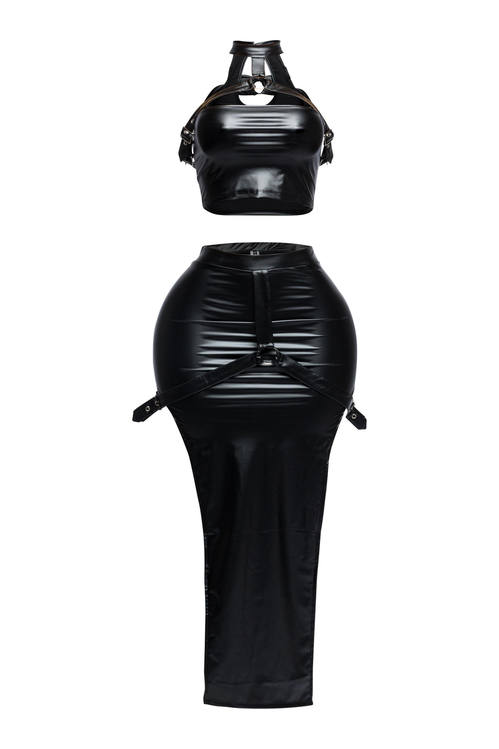 Black choker halter top and maxi skirt set, detail view on model