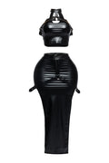 Black choker halter top and maxi skirt set, detail view on model
