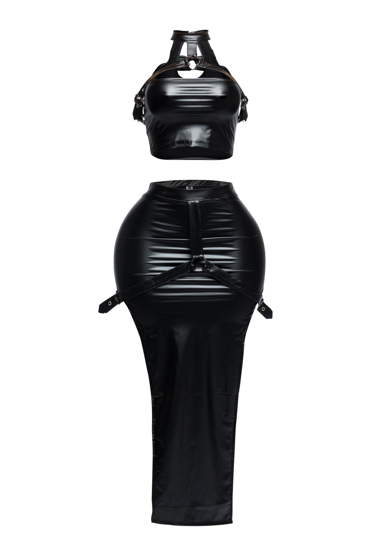 Black choker halter top and maxi skirt set, detail view on model