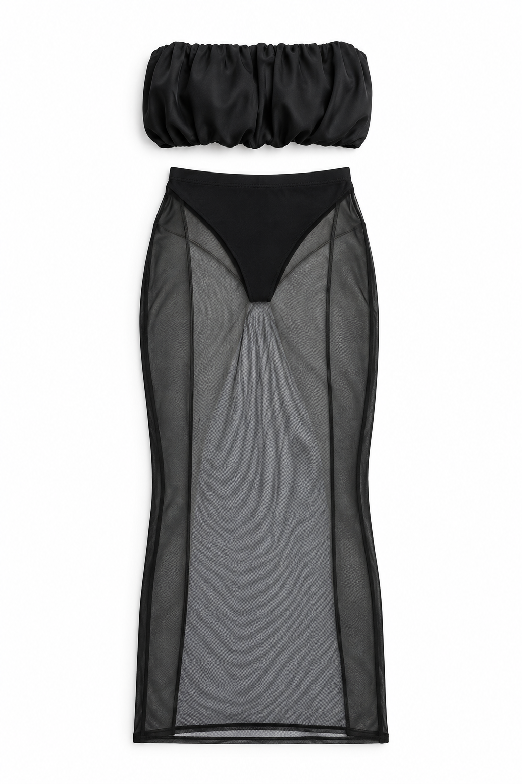 Black ruffled top and maxi skirt set, detail view, garment only