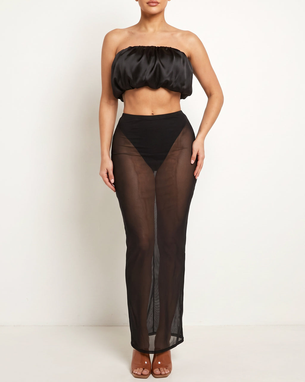 Black ruffled top and maxi skirt set, alternate front view on model