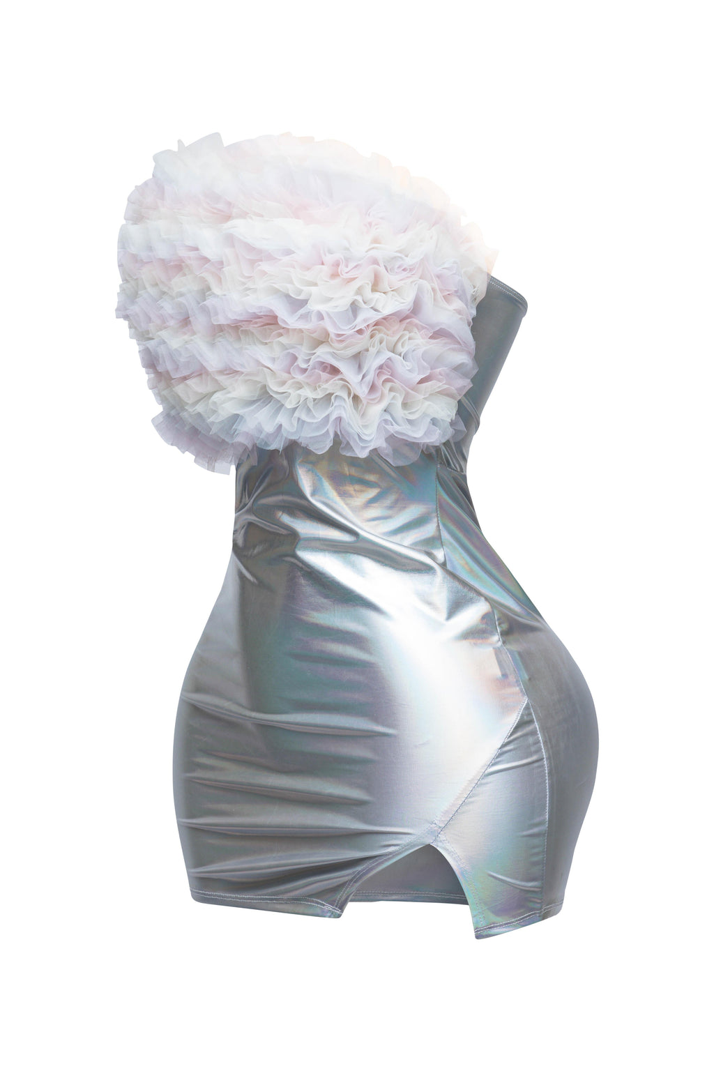 Silver ruffle trim tube dress, back view on model