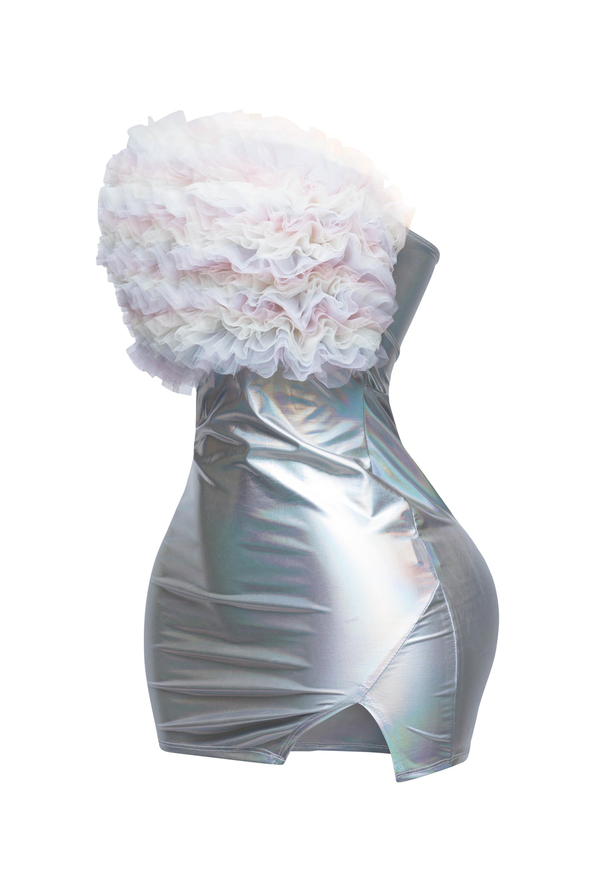 Silver ruffle trim tube dress, back view on model