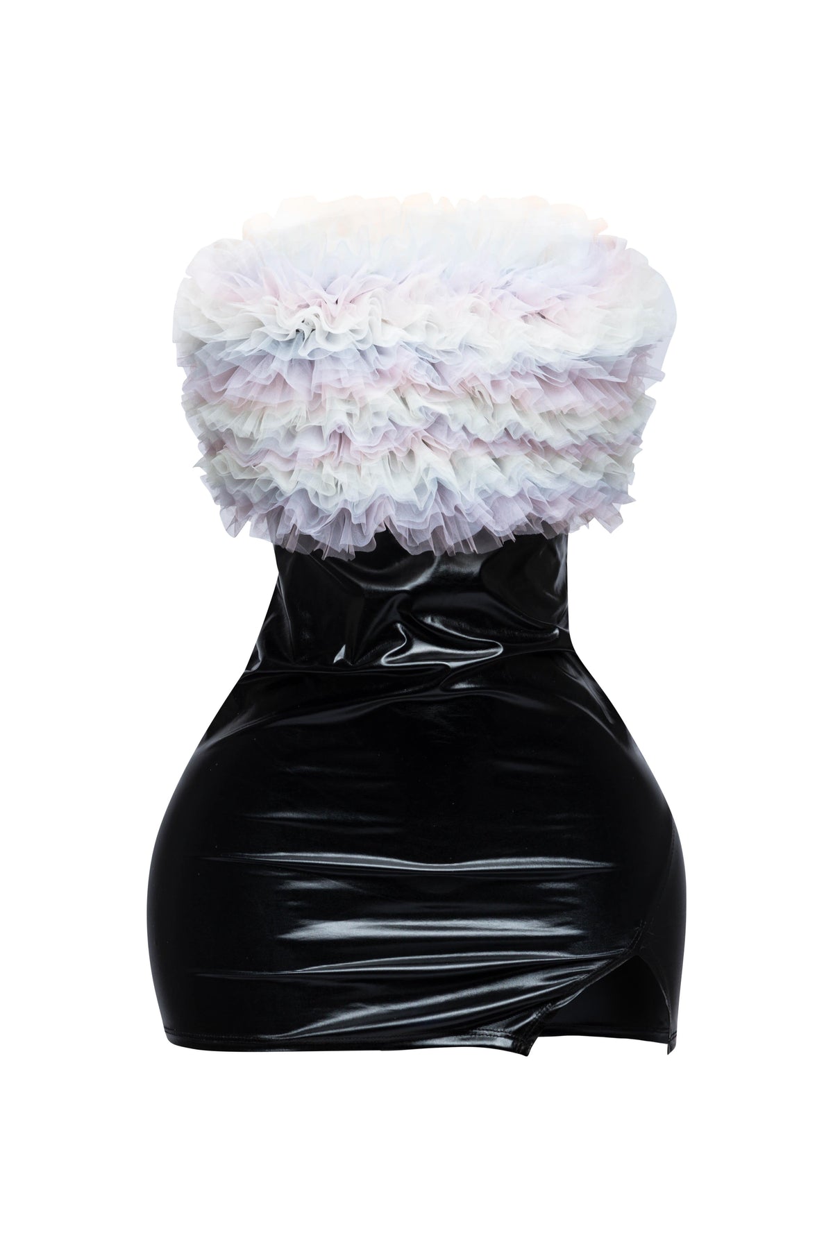 Black ruffle trim tube dress, back view on model