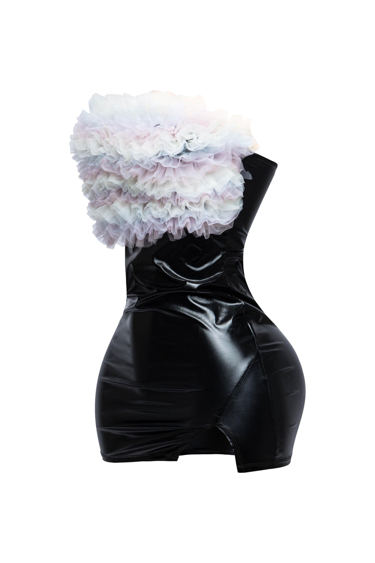 Black ruffle trim tube dress, styled look on model