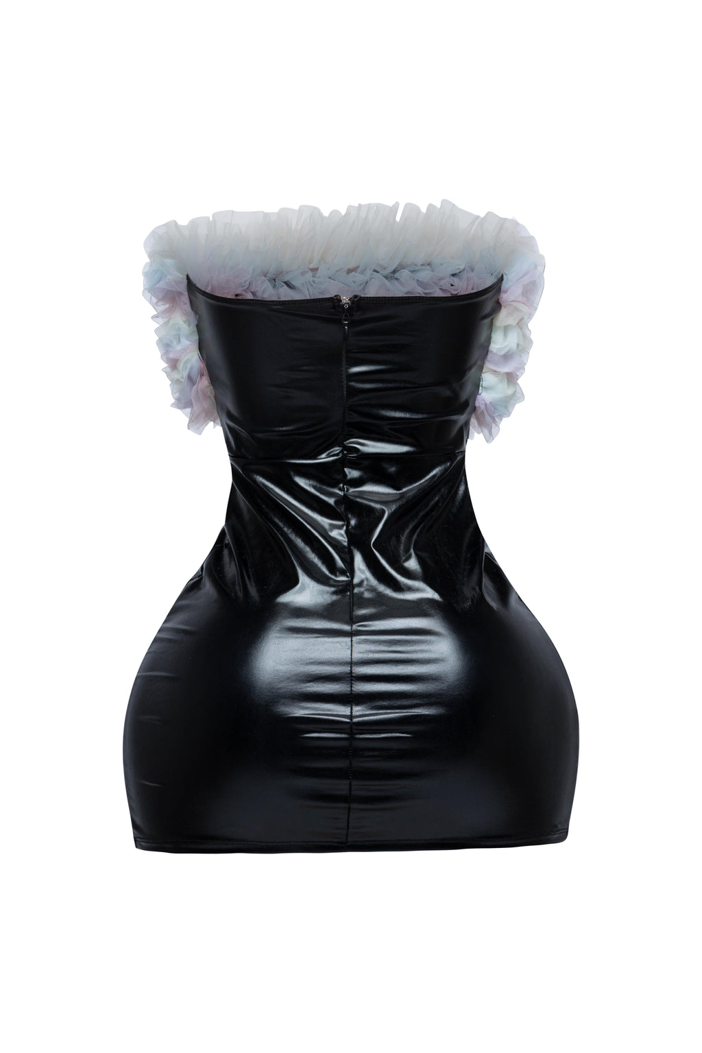 Black ruffle trim tube dress, detail view on model