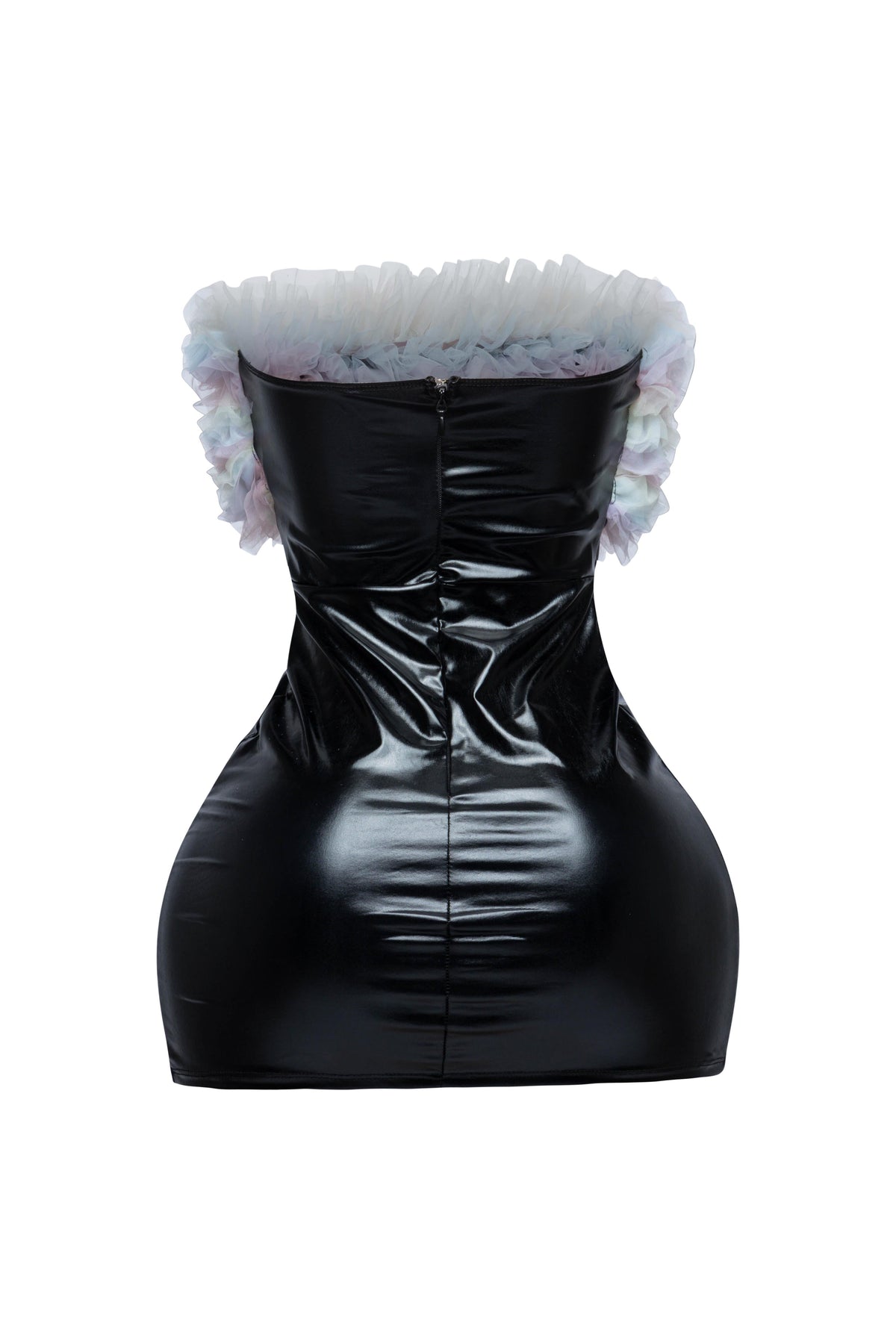 Black ruffle trim tube dress, detail view on model