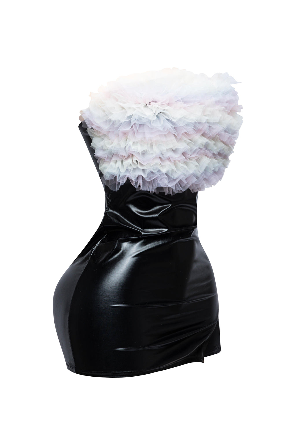 Black ruffle trim tube dress, side view on model