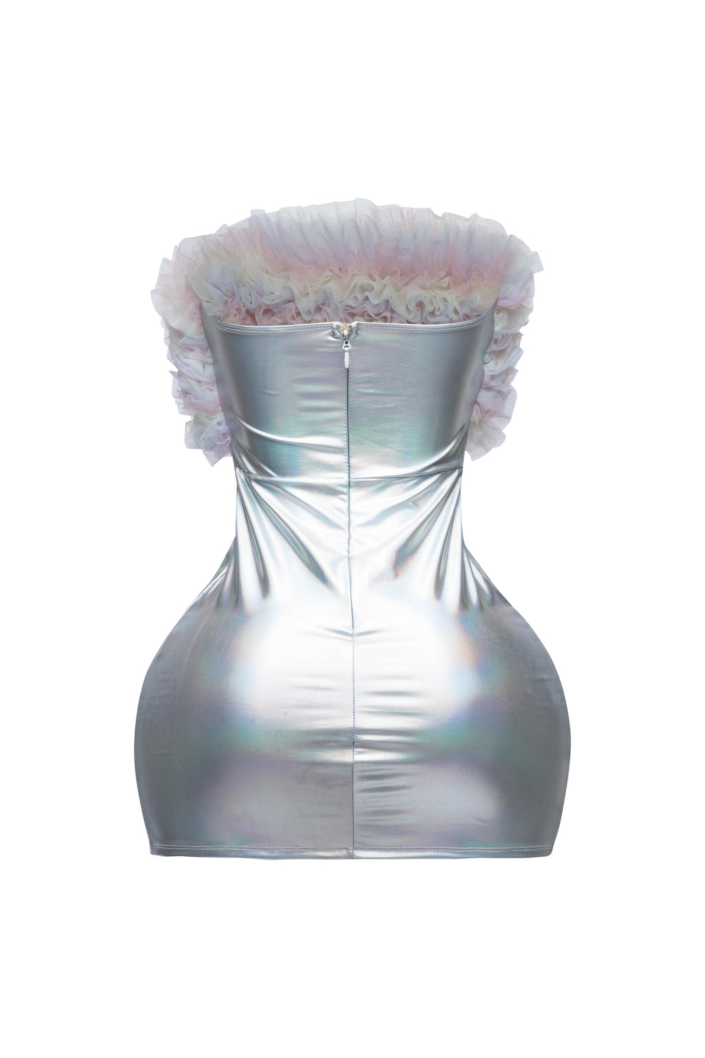 Silver ruffle trim tube dress, front view on model