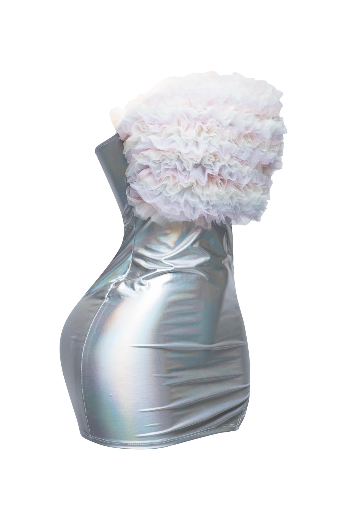 Silver ruffle trim tube dress, alternate front view on model