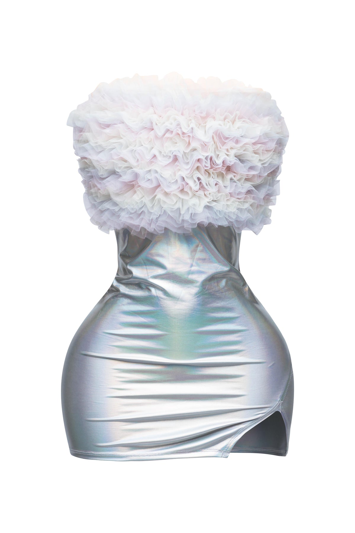 Silver ruffle trim tube dress, side view on model