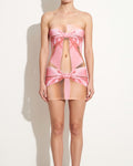 Muvin women's multicolor ribbon printed body print tube dress, front view on model