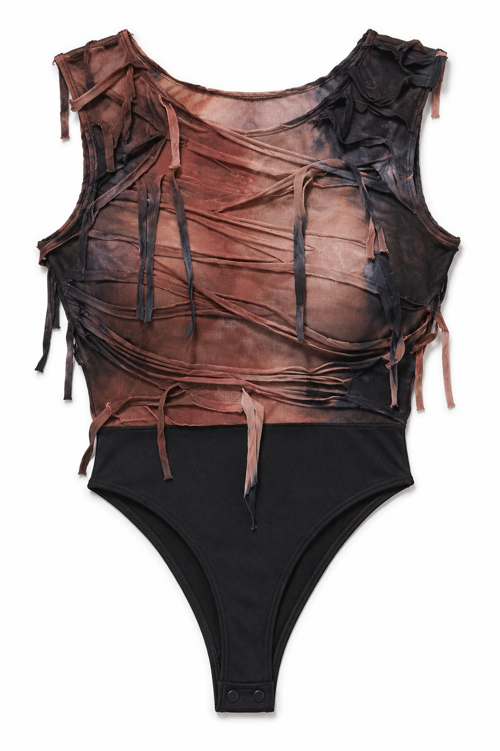 Brown combo just my vibe distressed bodysuit, detail view, garment only