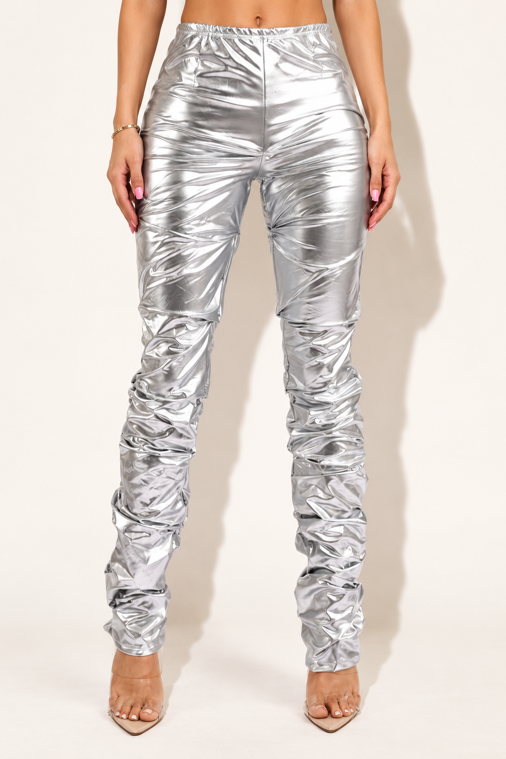 Muvin women's silver metallic stacked pants, front view showing elastic waist and stacked ruched lower legs