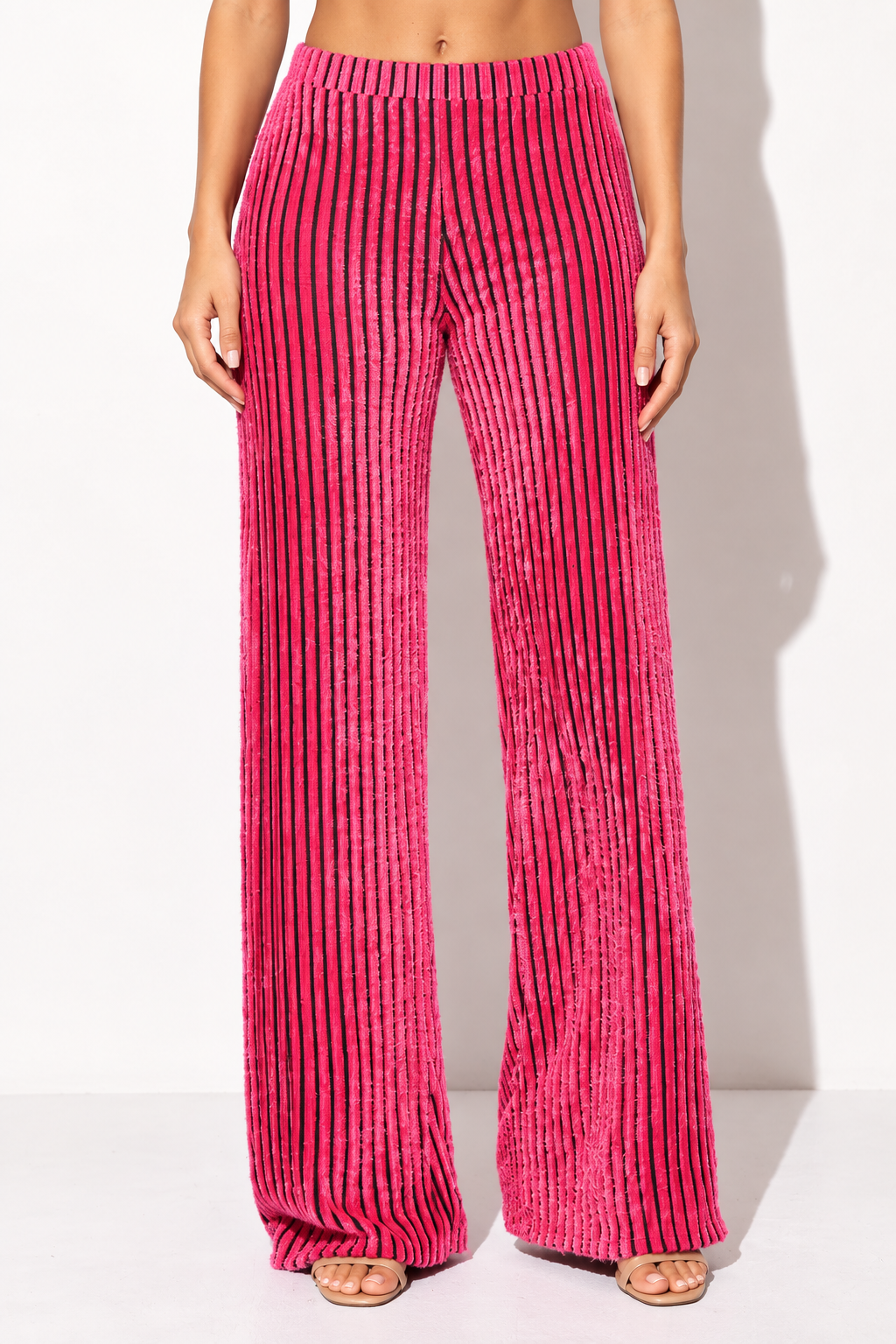 Muvin women's pink and black striped wide leg pants, front view showing vertical stripes and elastic waistband