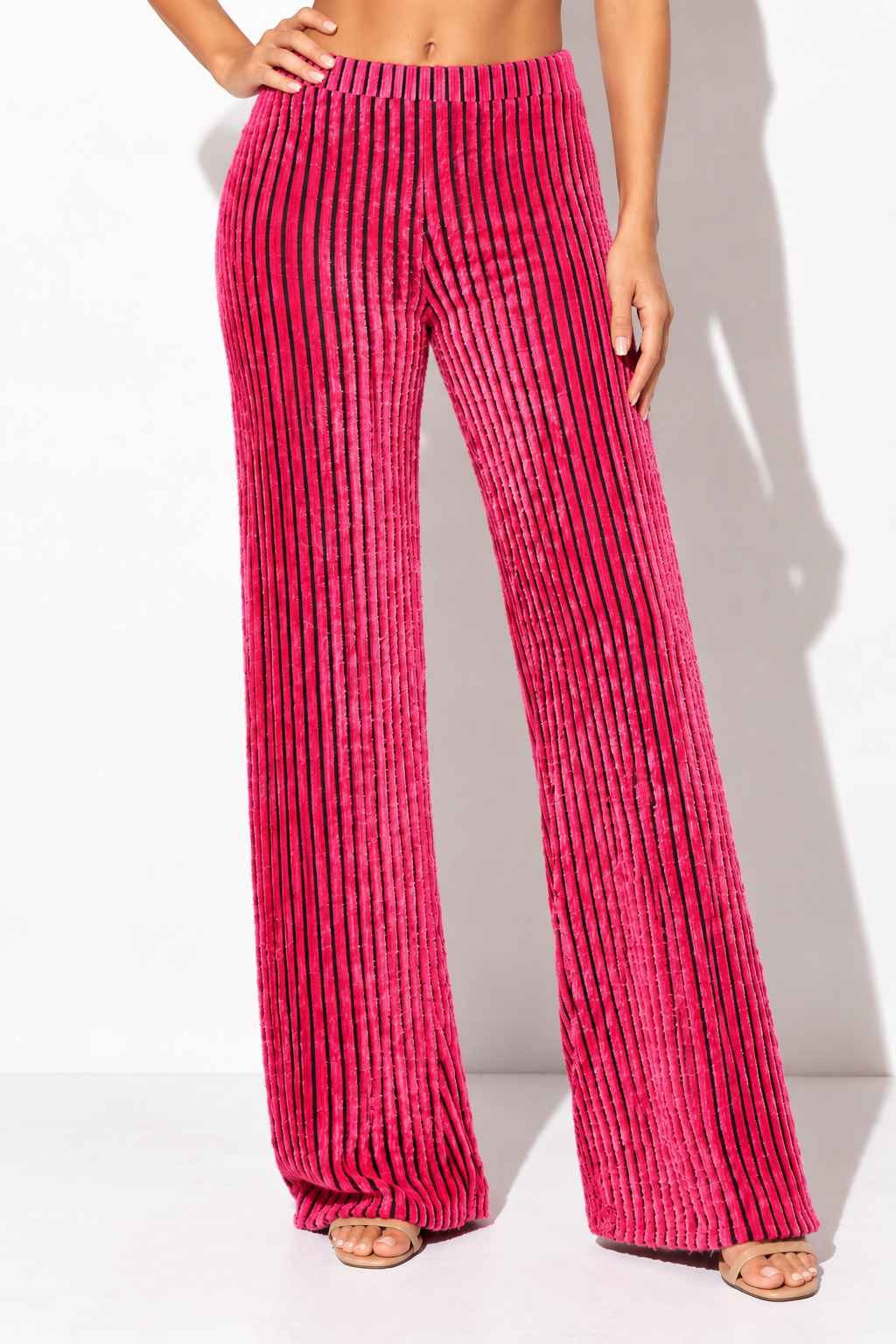 Pink and black striped wide leg pants, alternate front view showing textured knit and full length wide legs