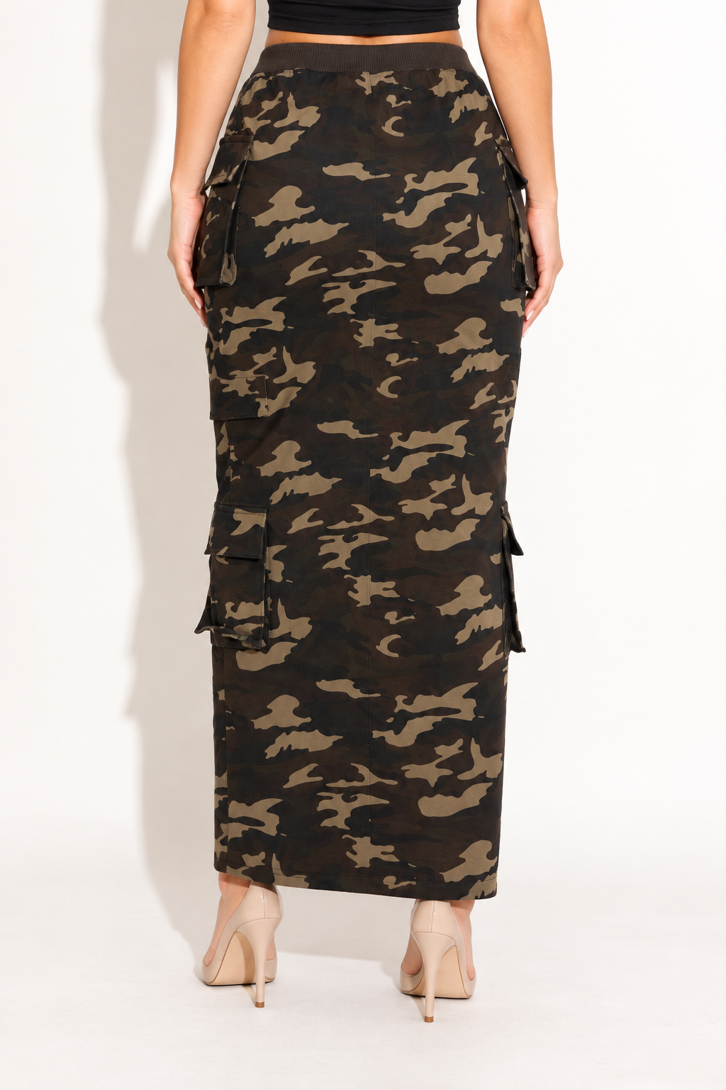 Camouflage cargo maxi skirt, rear view showing straight maxi silhouette and plain back panel