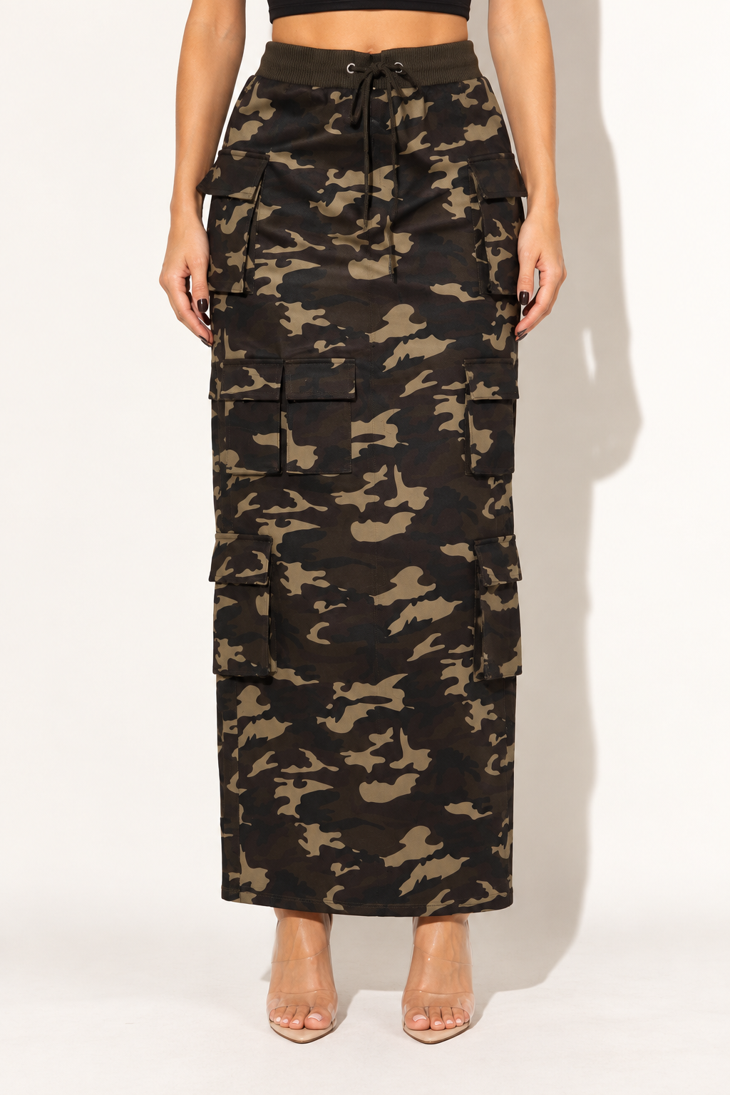 Muvin women's camouflage cargo maxi skirt, front view showing ribbed drawstring waist and tiered flap pockets