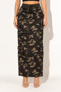 Muvin women's camouflage cargo maxi skirt, front view showing ribbed drawstring waist and tiered flap pockets