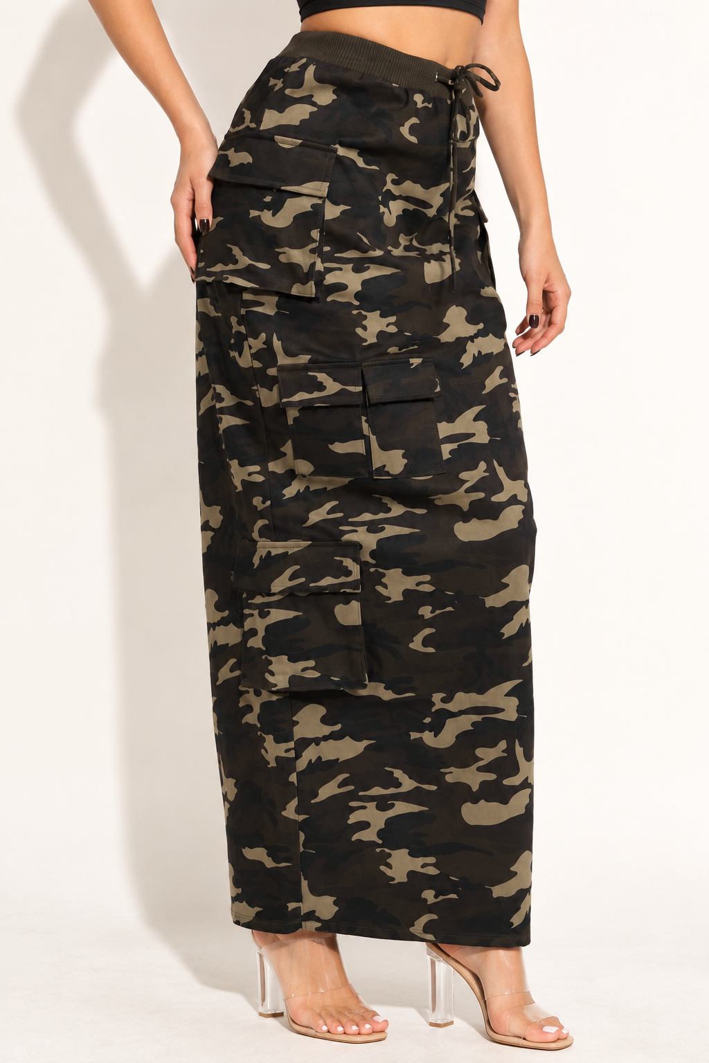 Camouflage cargo maxi skirt, front angled view showing brown olive camouflage and side pockets