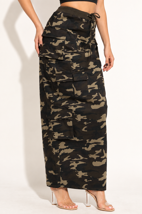 Camouflage cargo maxi skirt, front angled view showing brown olive camouflage and side pockets