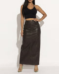 Muvin women's brown thigh slit maxi skirt, front view on model