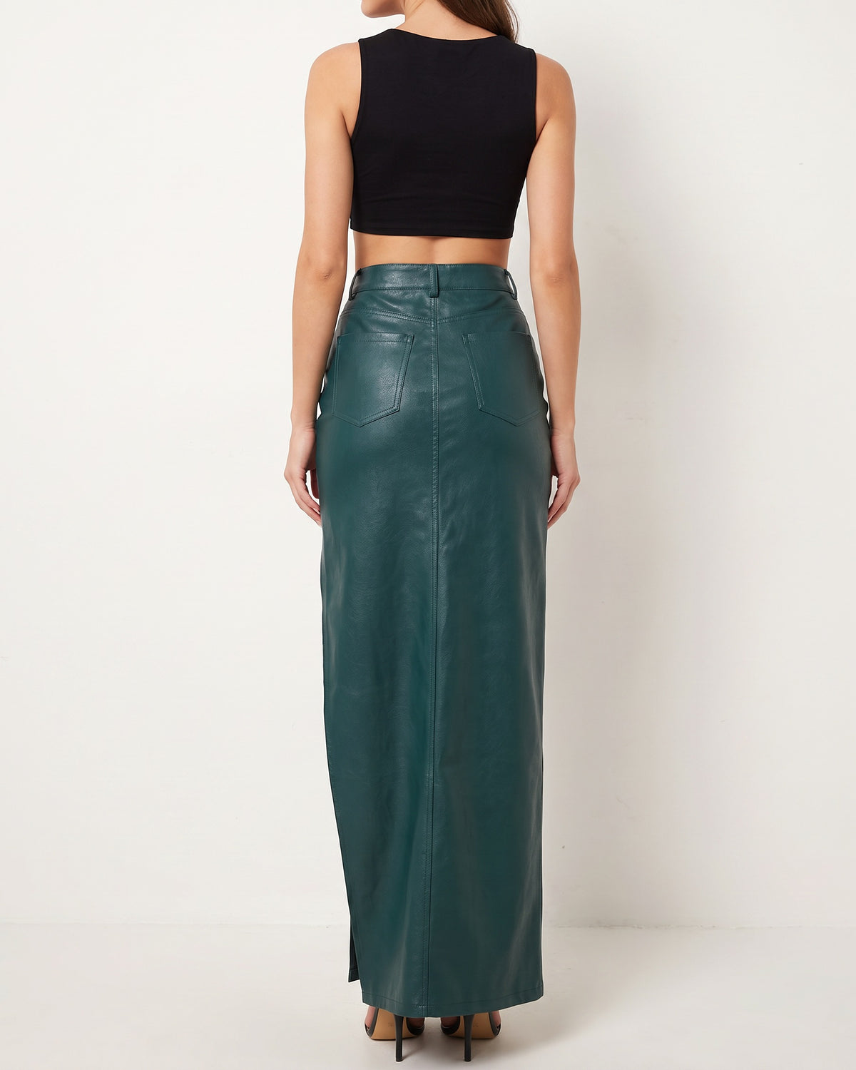 Teal thigh slit maxi skirt, back view on model