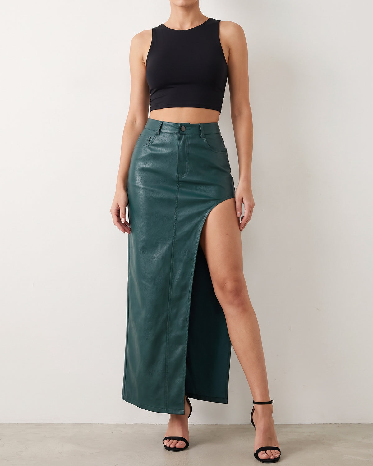 Teal thigh slit maxi skirt, front view on model