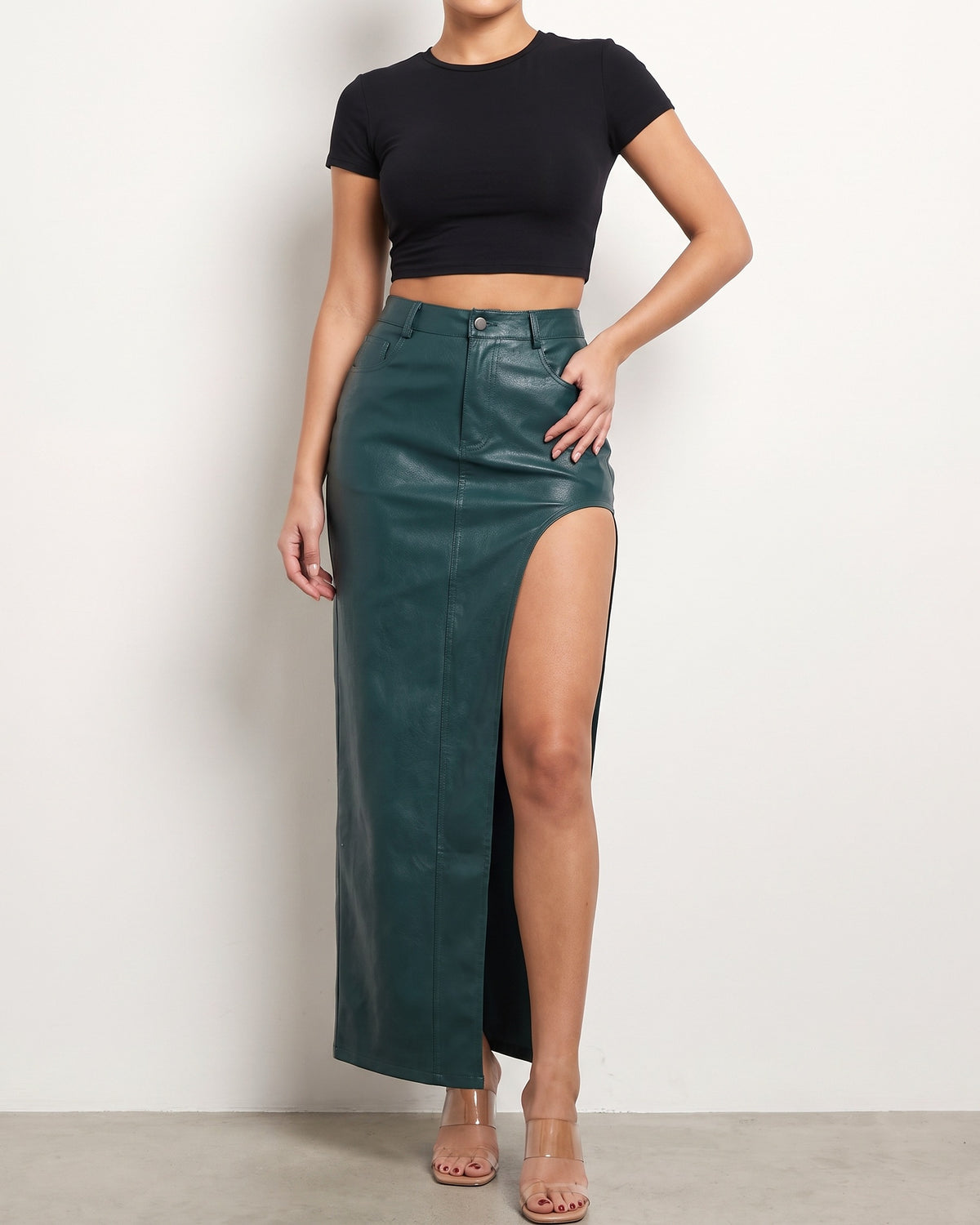 Teal thigh slit maxi skirt, alternate front view on model