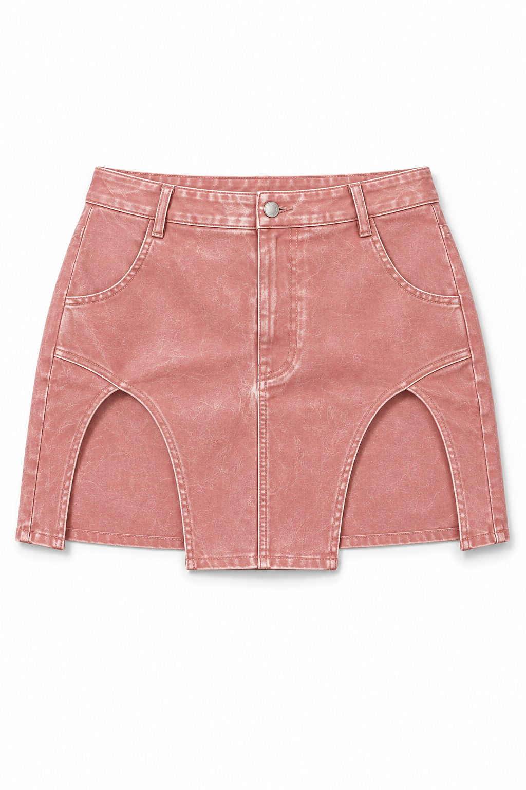 Pink washed faux leather mini skirt, detail view, garment only