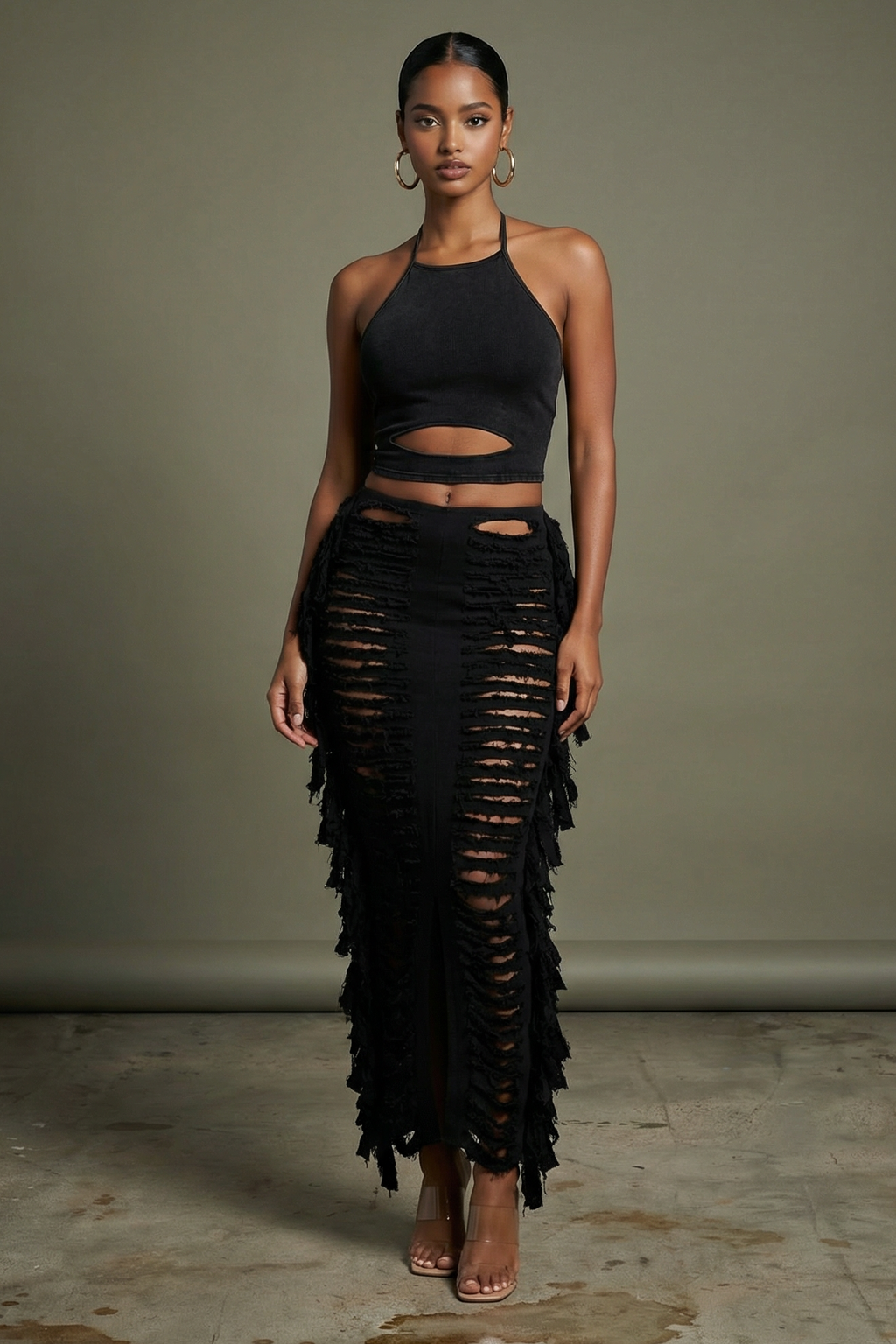 Black distressed denim fringe maxi skirt with raw fringe hem detail