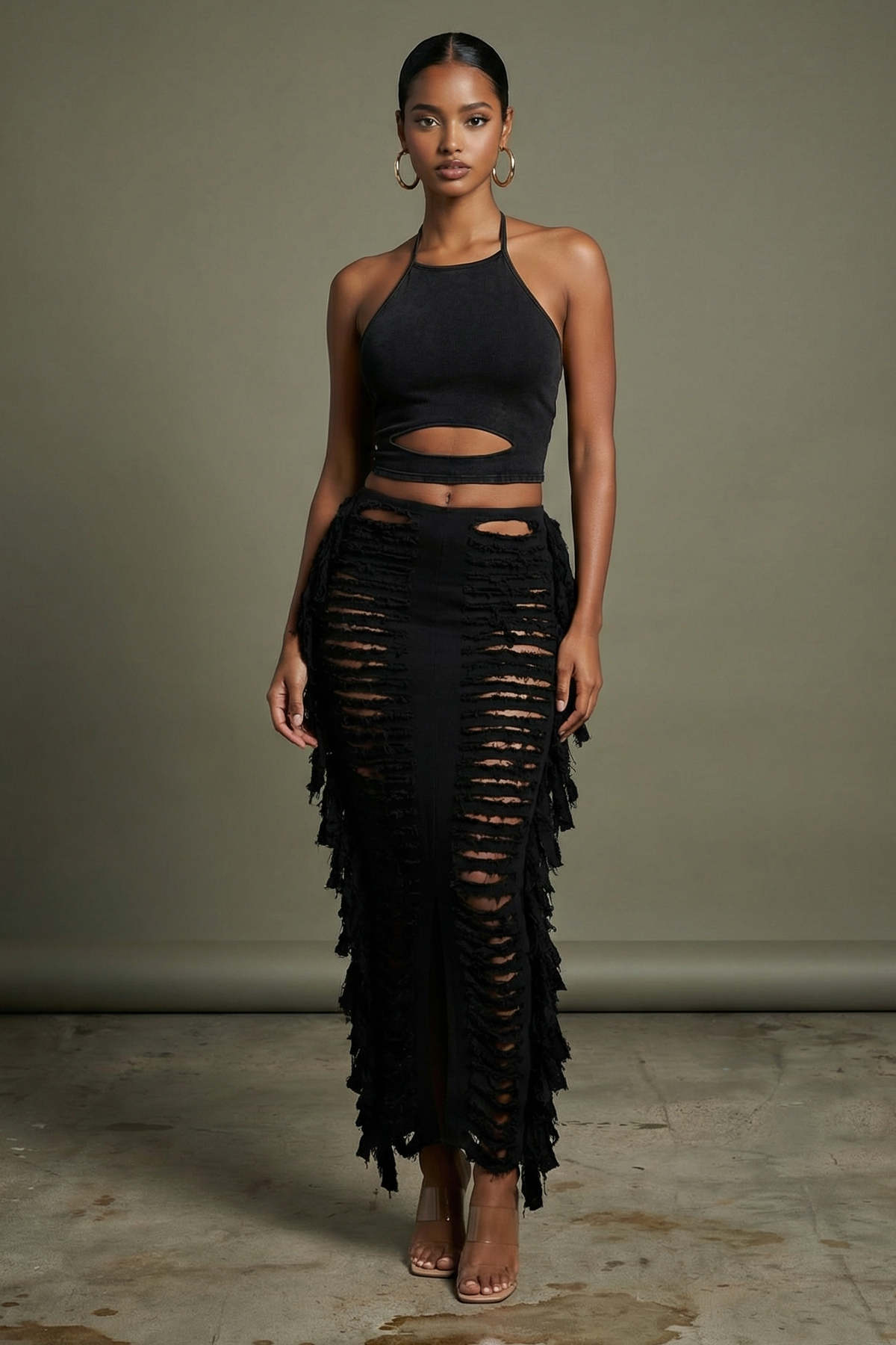 Black distressed denim fringe maxi skirt with raw fringe hem detail