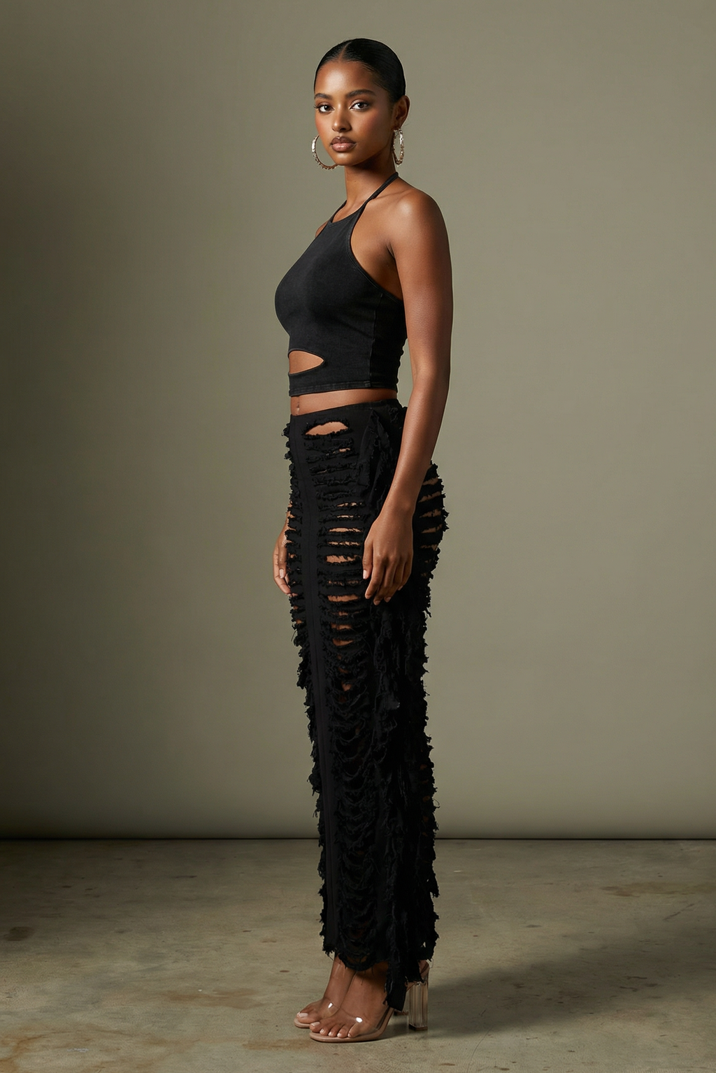 Black distressed denim fringe maxi skirt, back view