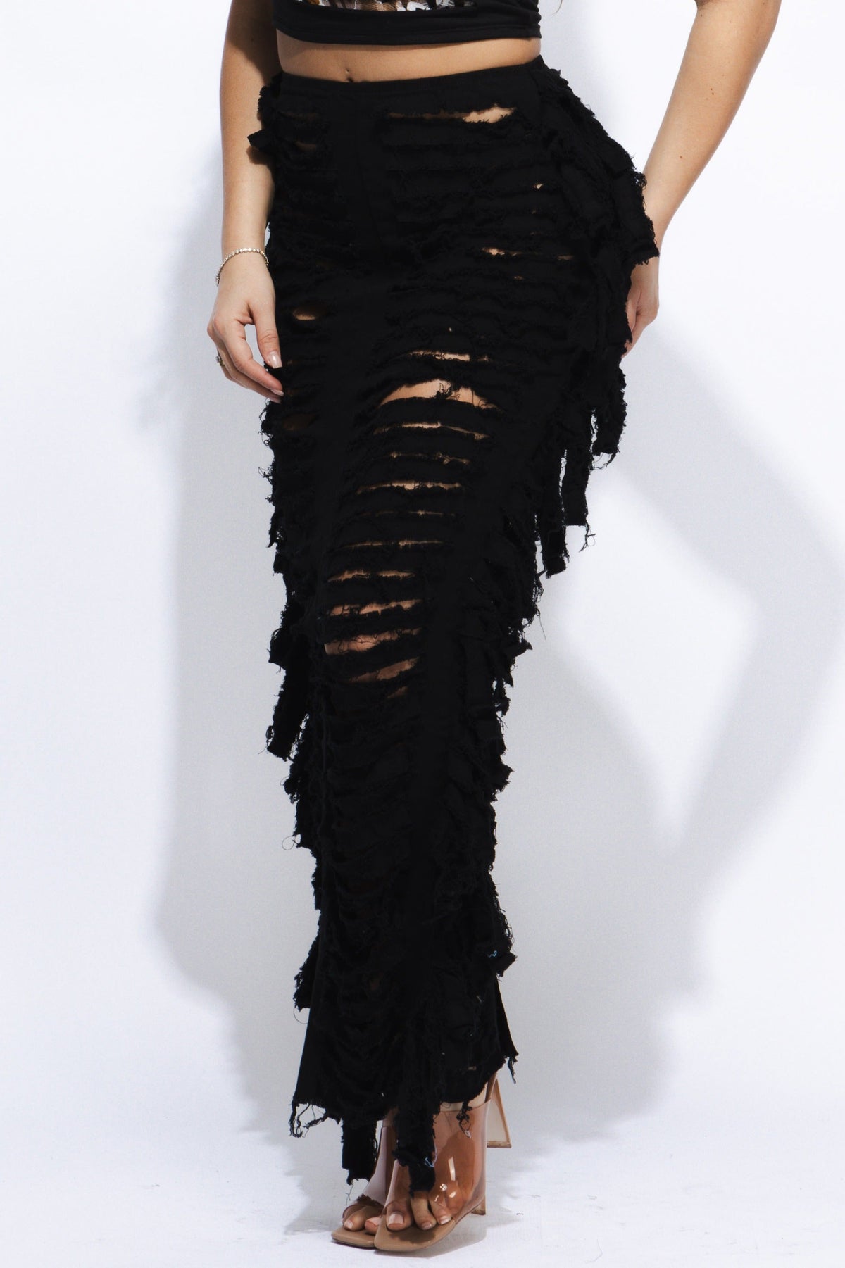Distressed denim fringe maxi skirt, view 11 on model
