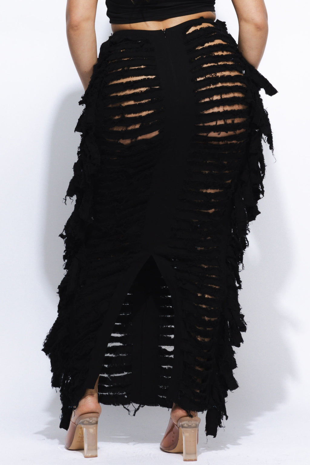 Distressed denim fringe maxi skirt, view 12 on model