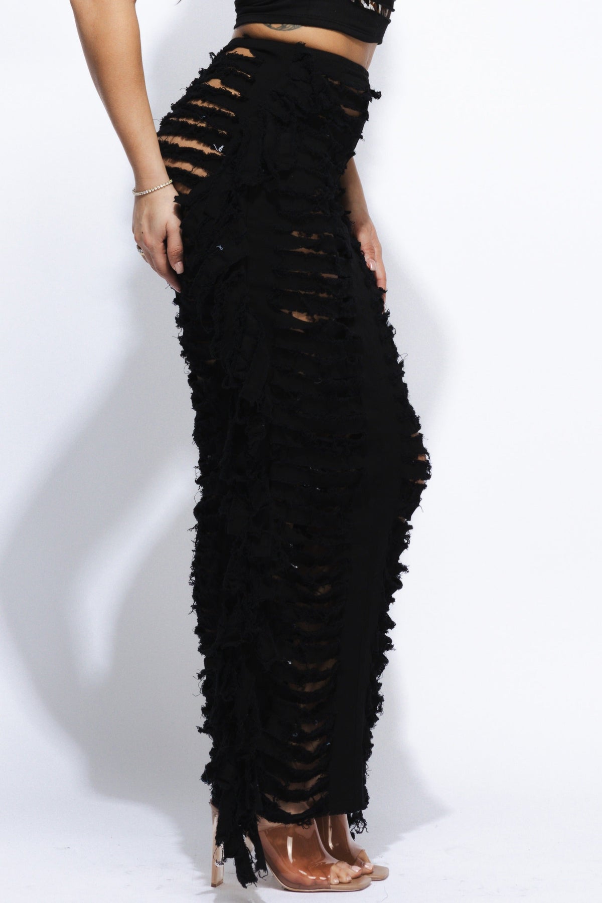 Distressed denim fringe maxi skirt, view 13 on model