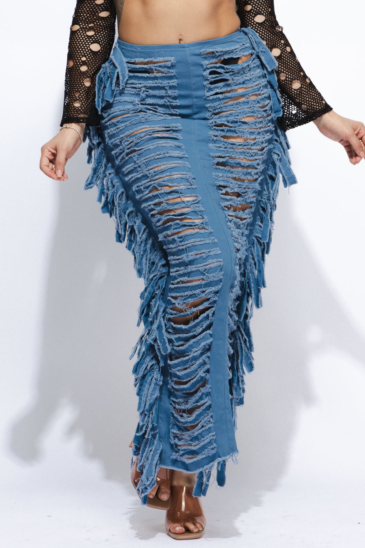 Distressed denim fringe maxi skirt, view 6 on model