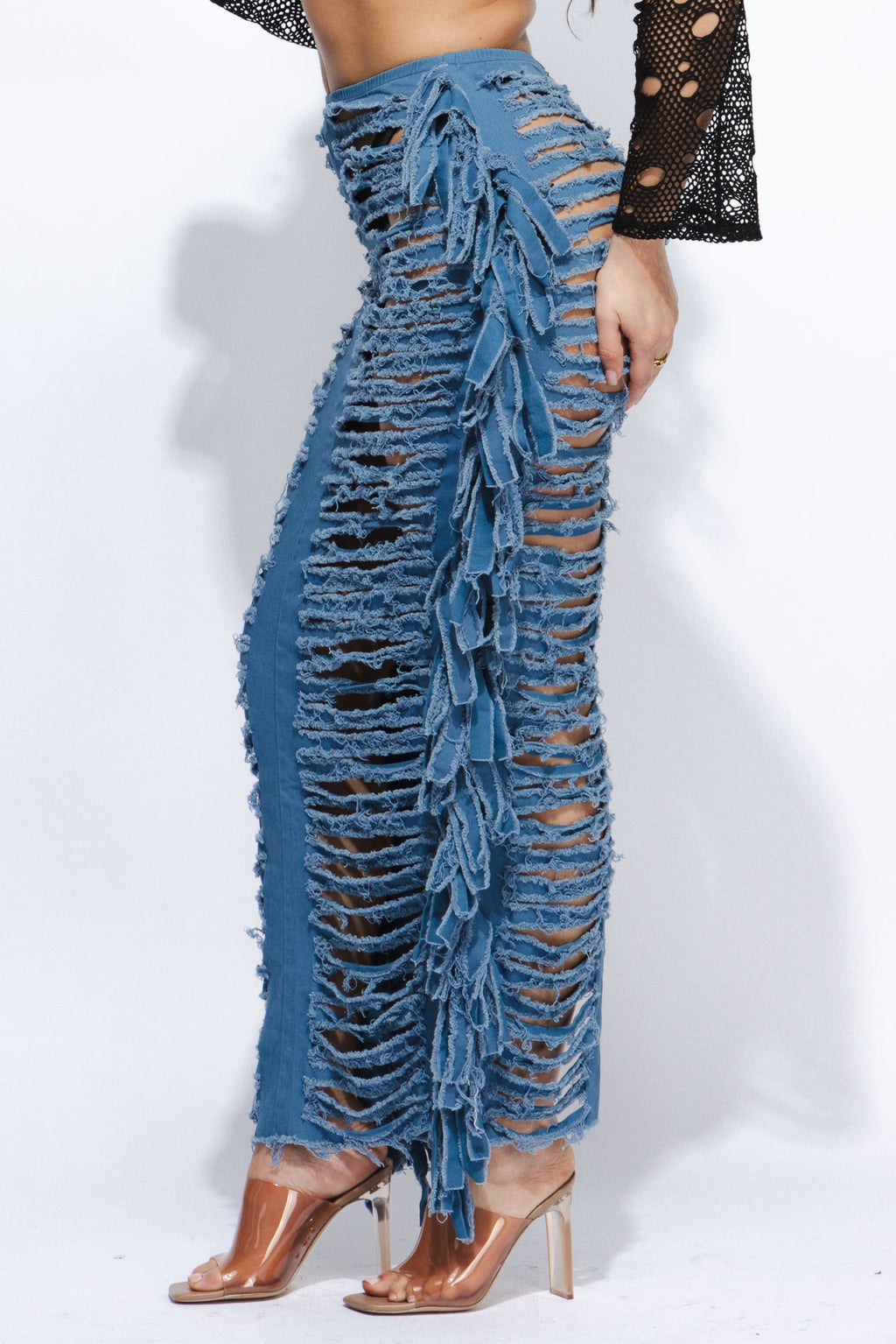 Distressed denim fringe maxi skirt, view 7 on model