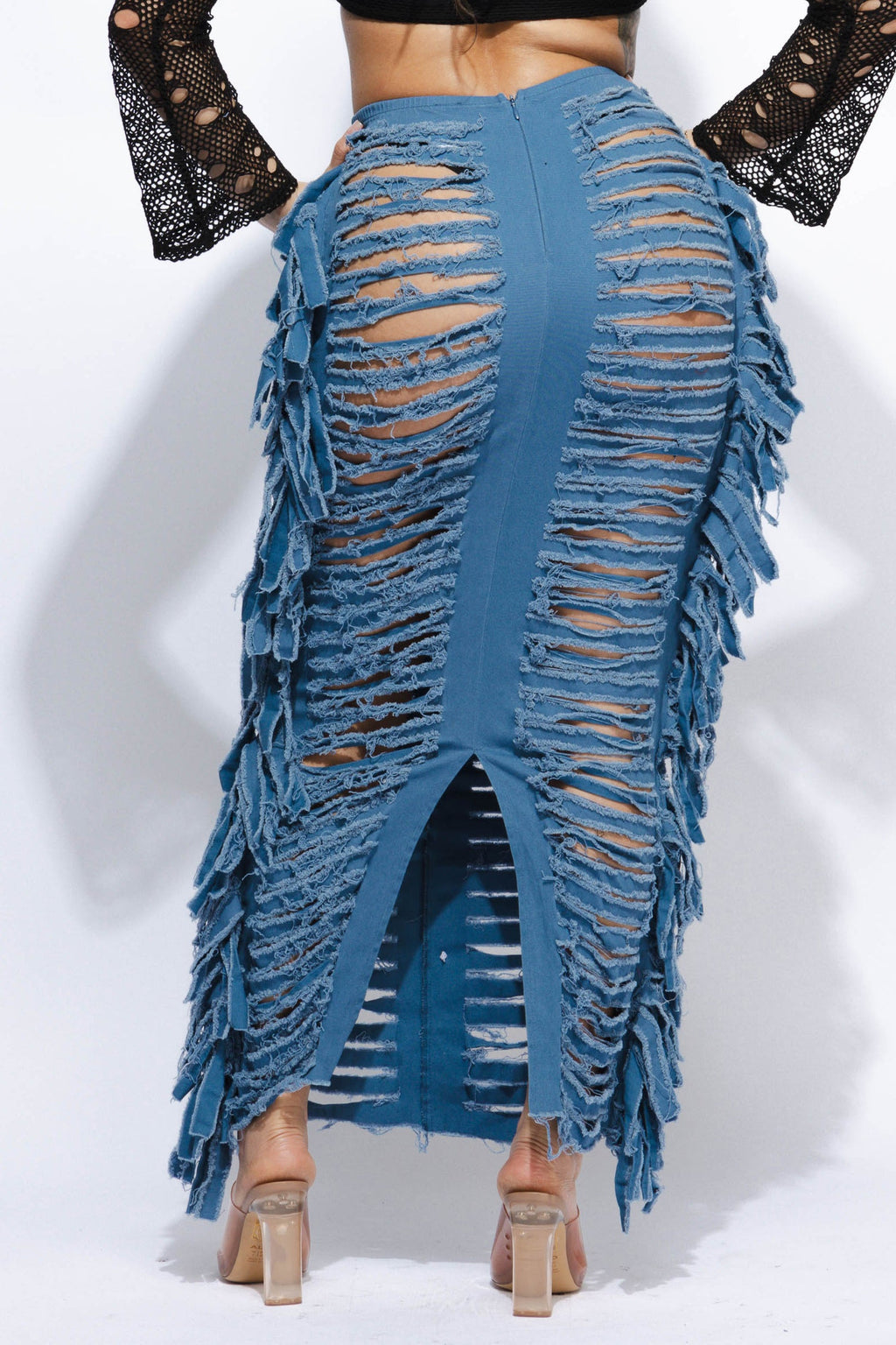 Distressed denim fringe maxi skirt, view 8 on model