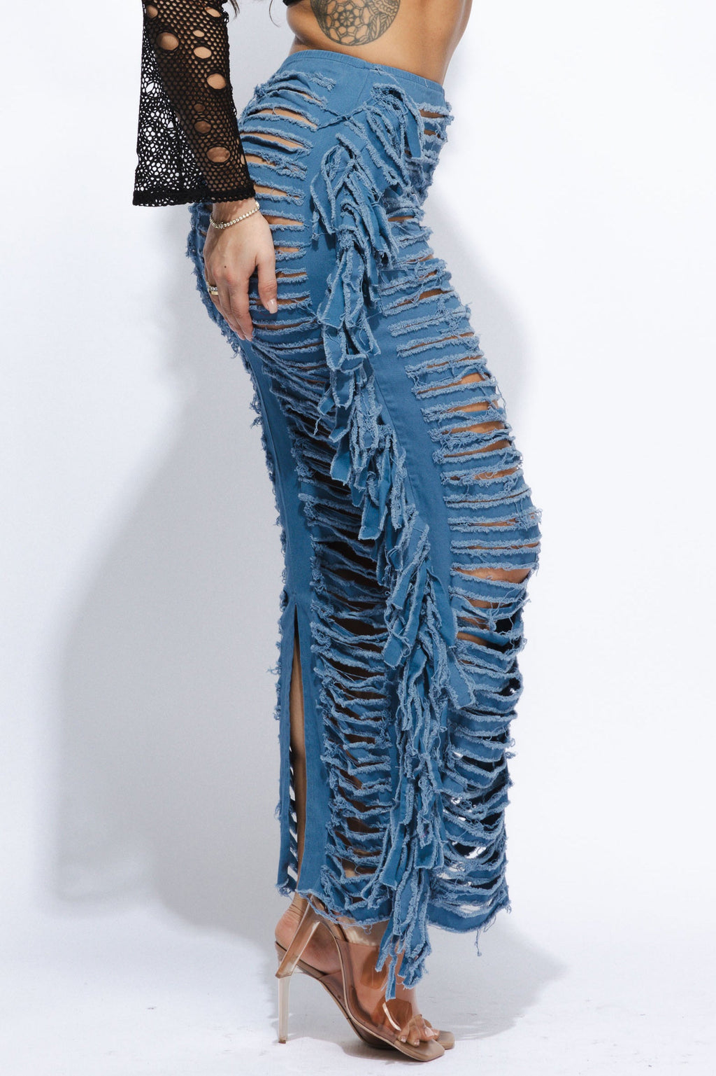 Distressed denim fringe maxi skirt, view 9 on model