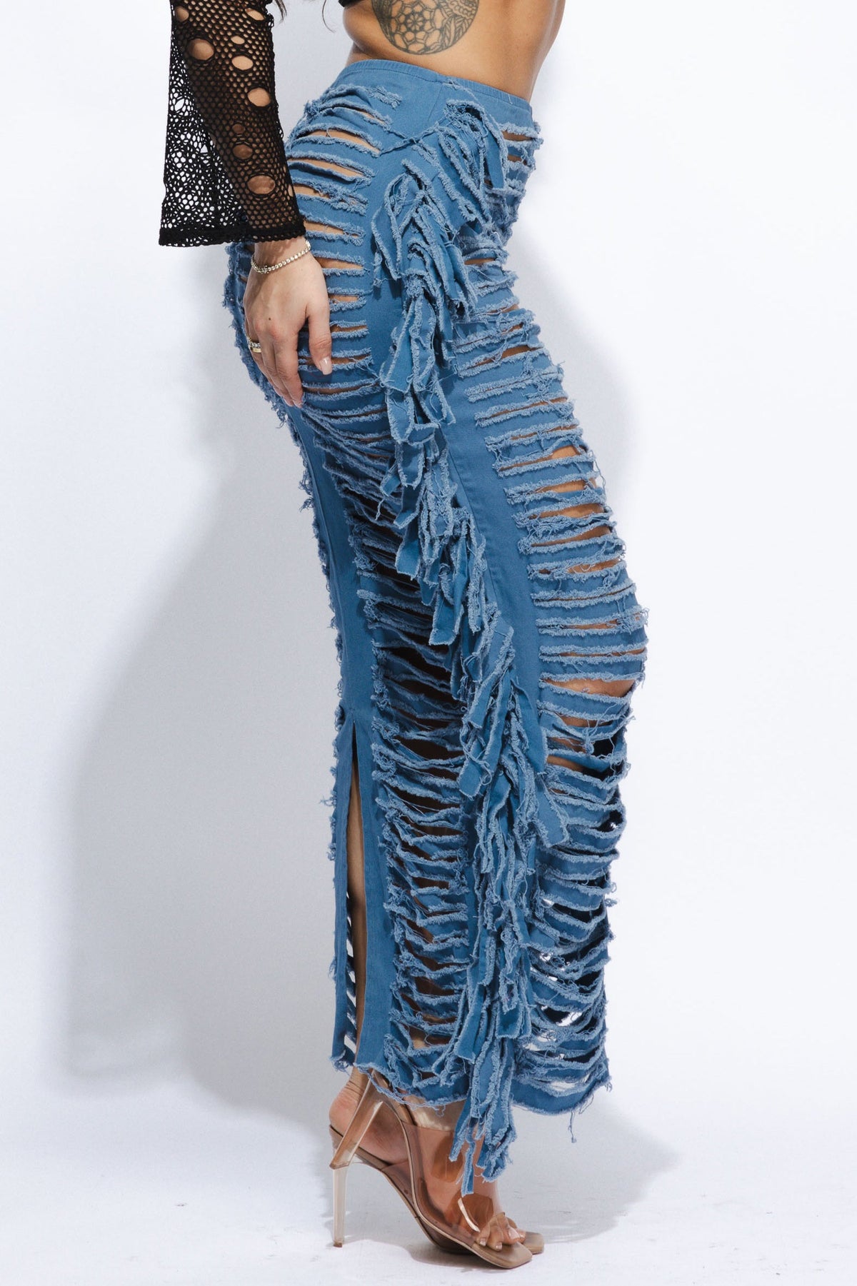 Distressed denim fringe maxi skirt, view 9 on model