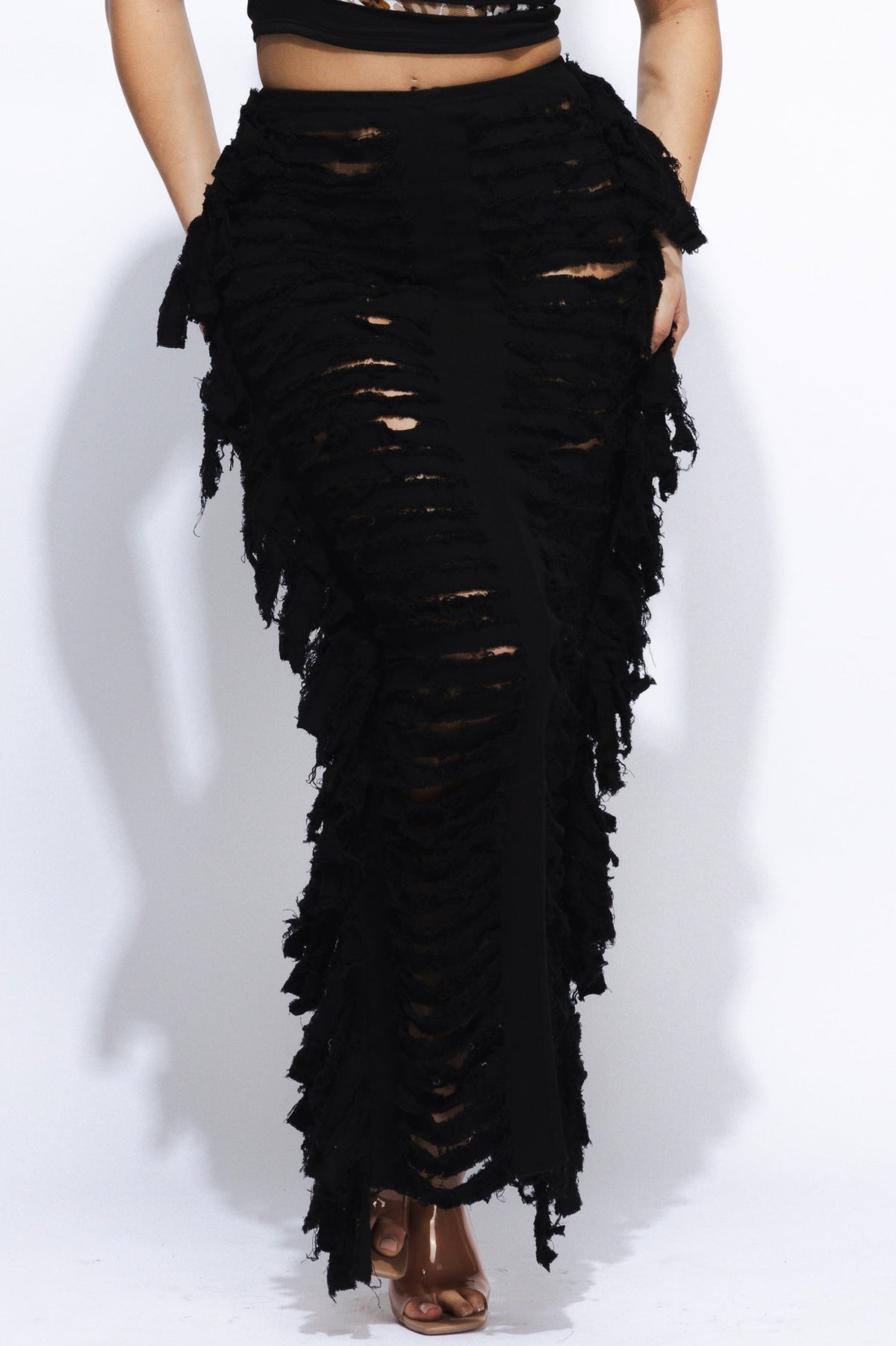 Distressed denim fringe maxi skirt, view 10 on model