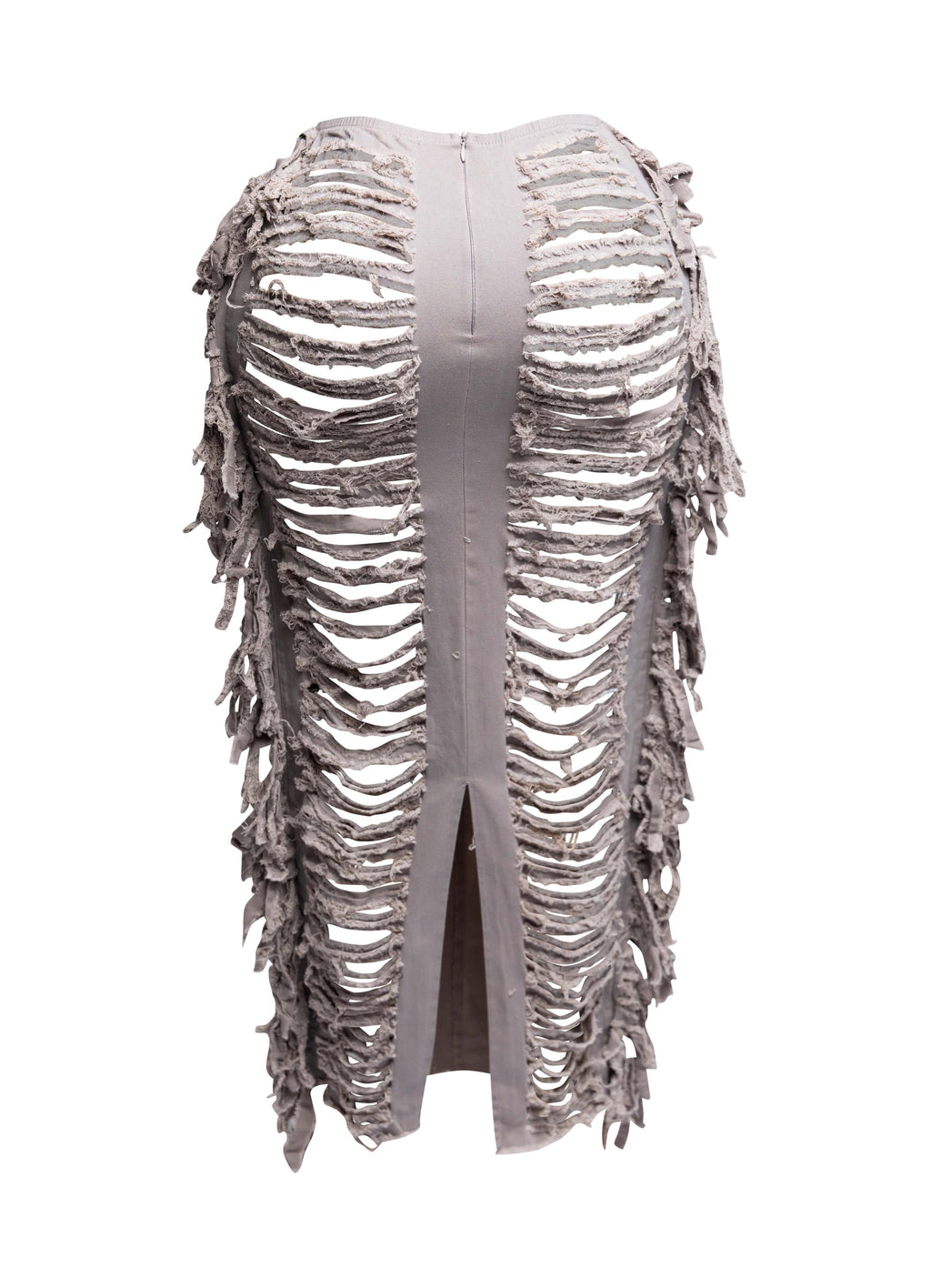 Distressed denim fringe maxi skirt, full-length view on model