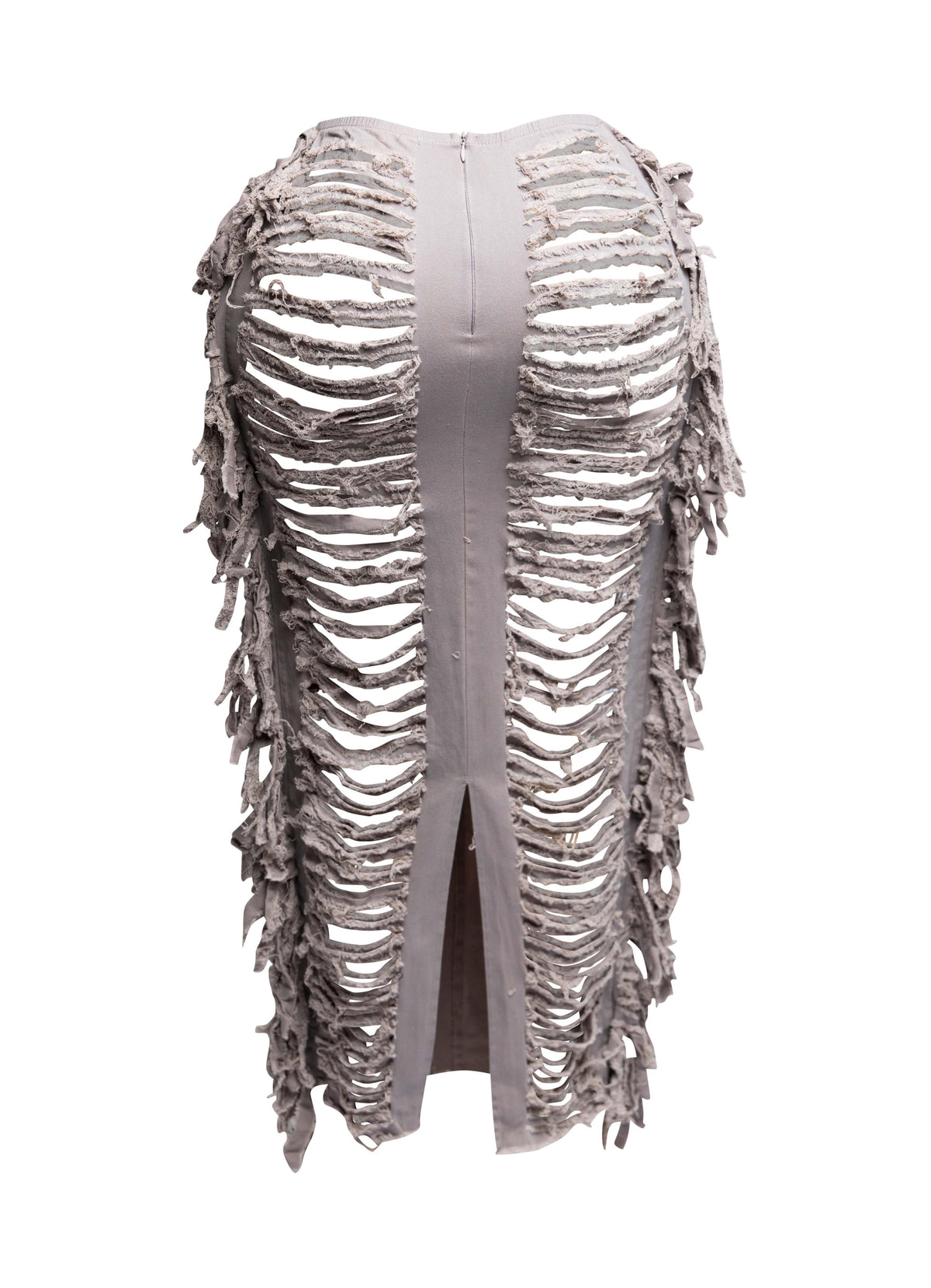 Distressed denim fringe maxi skirt, full-length view on model