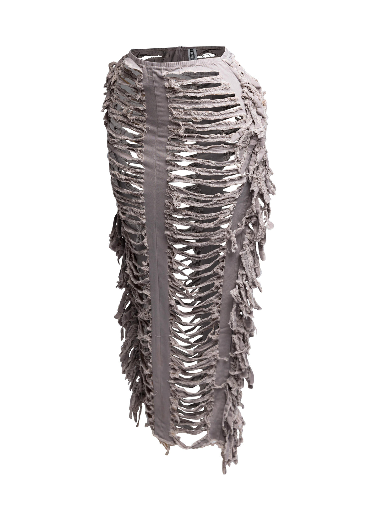 Distressed denim fringe maxi skirt, alternate back view on model
