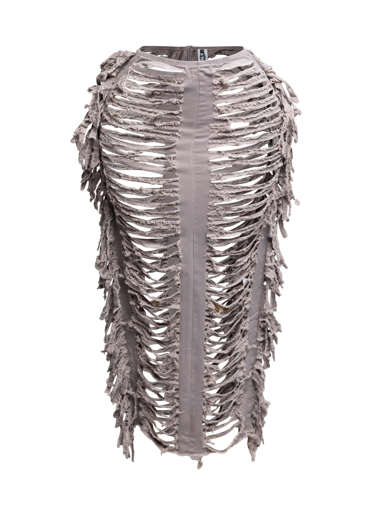 Distressed denim fringe maxi skirt, close-up view on model