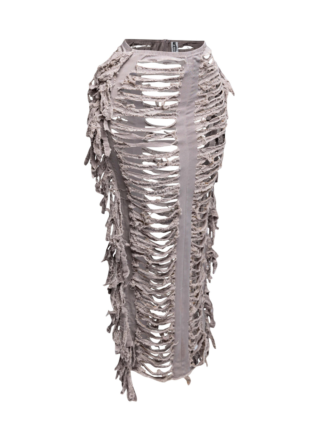 Distressed denim fringe maxi skirt, angled view on model